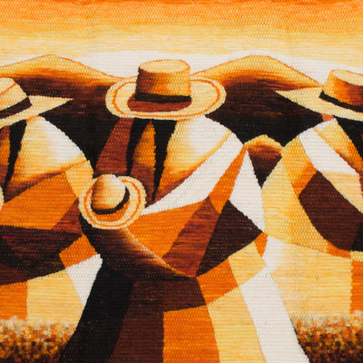 Wool tapestry, 'Sunset in the Andean Country' - Handwoven Wool Tapestry of Andean Workers from Peru