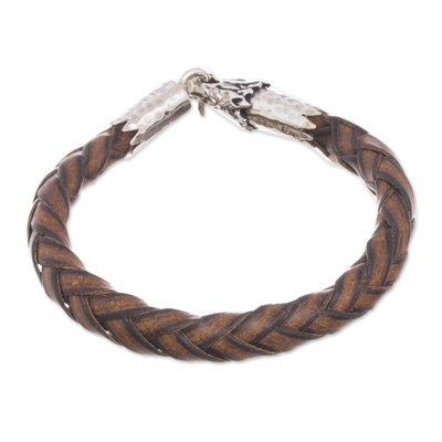 Men's leather braided bracelet, 'Mythical Dragon in Brown' - Men's Dragon-Themed Leather Braided Bracelet in Brown