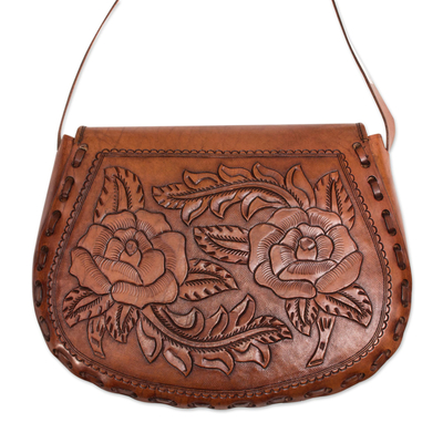 Leather sling, 'Rosy Style' - Rose Motif Adjustable Leather Sling from Peru
