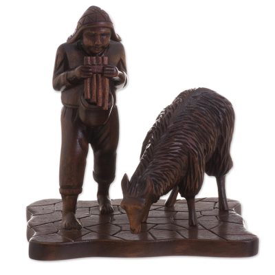 Wood sculpture, 'Andean Shepherd' - Andean Shepherd and Llama Hand Carved Cedar Wood Sculpture