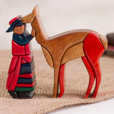 Escultura en madera - Escultura en Madera de un Pastor de Alpaca del Perú