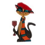 Wood sculpture, 'Parisian Cat' - Colorful Wood Cat Sculpture Crafted in Peru