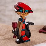 Wood sculpture, 'Parisian Cat' - Colorful Wood Cat Sculpture Crafted in Peru