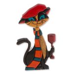 Wood sculpture, 'Parisian Cat' - Colorful Wood Cat Sculpture Crafted in Peru