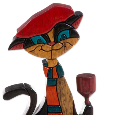 Wood sculpture, 'Parisian Cat' - Colorful Wood Cat Sculpture Crafted in Peru