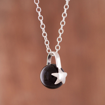Obsidian pendant necklace, 'Starry Cradle' - Star Motif Obsidian Pendant Necklace from Peru