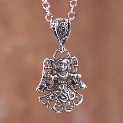Sterling silver pendant necklace, 'Welcoming Angel' - Sterling Silver Angel Pendant Necklace from Peru