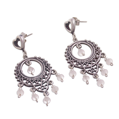Rose quartz chandelier earrings, 'Heart Festival' - Rose Quartz Chandelier Earrings Crafted in Peru