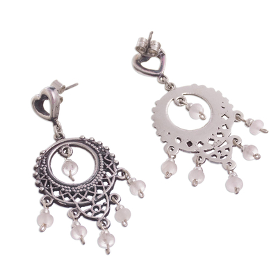 Kronleuchter-Ohrringe aus Rosenquarz - Kronleuchter-Ohrringe aus Rosenquarz, hergestellt in Peru