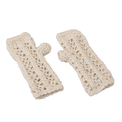 Hand-Crocheted 100% Alpaca Fingerless Mitts in Antique White