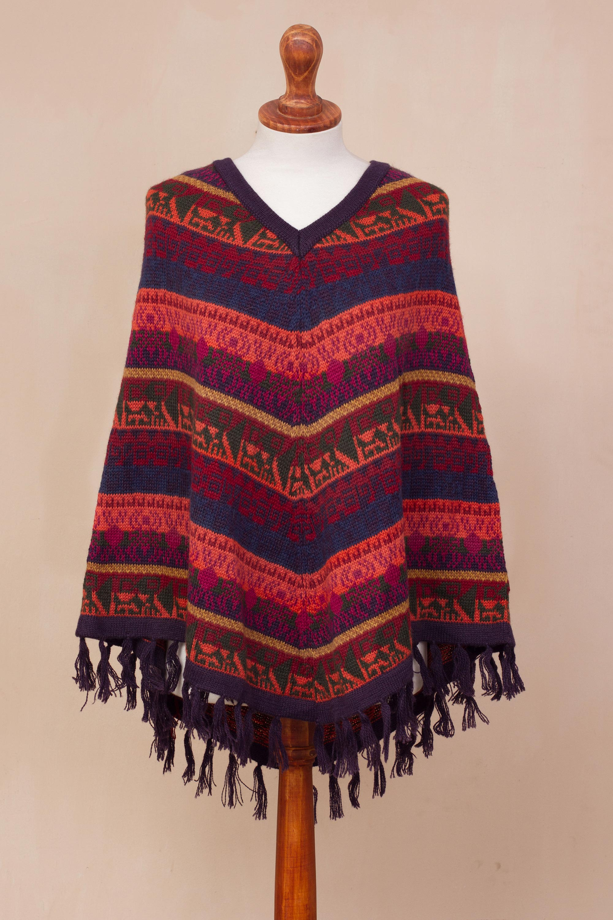 Knit V-Neck Alpaca Wool Blend Poncho from Peru - Inca Gala | NOVICA