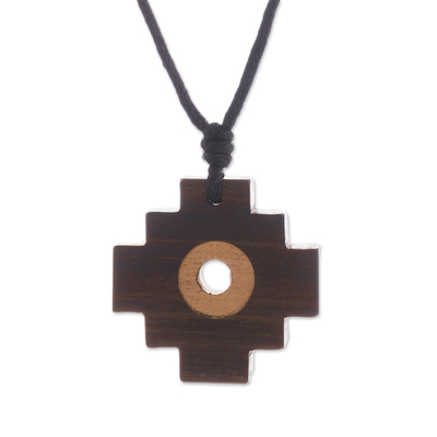 Wood pendant necklace, 'Layered Chakana' - Handmade Chakana Cross Wood Pendant Necklace from Peru