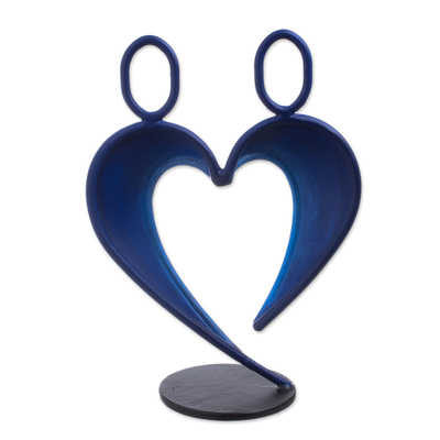 Steel sculpture, 'Our Heart in Dark Blue' - Abstract Steel Heart Sculpture in Dark Blue from Peru