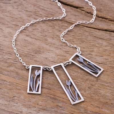 Sterling silver pendant necklace, 'Tulip in the Windows' - Tulip Motif Sterling Silver Pendant Necklace from Peru