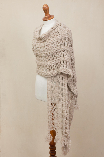 Alpaca blend shawl, 'Taupe Lattice' - Hand-Crocheted Alpaca Blend Shawl in Taupe from Peru
