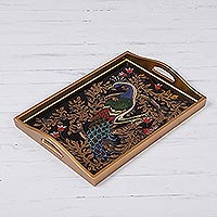 Reverse-painted glass tray, 'Peacock Charm in Gold' (17 inch) - Reverse-Painted Glass Peacock Tray in Gold (17 in.)