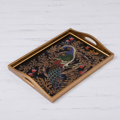 Reverse-painted glass tray, Peacock Charm in Gold (17 inch)