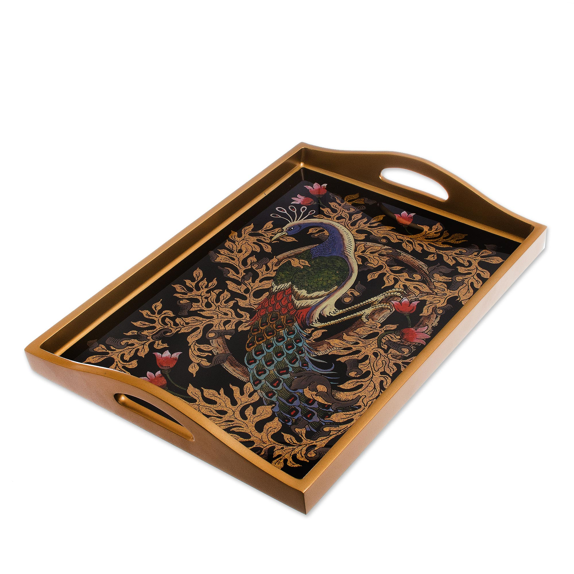 Reverse-Painted Glass Peacock Tray in Gold (17 in.) - Peacock Charm in ...