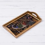 Reverse-painted glass tray, 'Peacock Presentation' - Handcrafted Colorful Peacock Reverse-Painted Glass Tray
