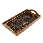 Reverse-painted glass tray, 'Peacock Presentation' - Handcrafted Colorful Peacock Reverse-Painted Glass Tray