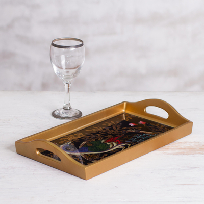 Reverse-painted glass tray, 'Peacock Presentation' - Handcrafted Colorful Peacock Reverse-Painted Glass Tray