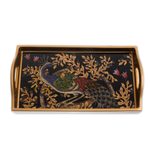 Reverse-painted glass tray, 'Peacock Presentation' - Handcrafted Colorful Peacock Reverse-Painted Glass Tray