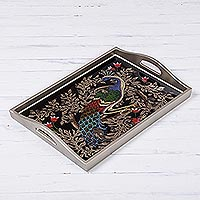 Reverse-painted glass tray, 'Peacock Charm in Silver' (17 inch) - Reverse-Painted Glass Peacock Tray in Silver (17 in.)