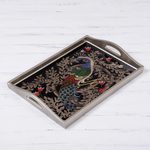 Reverse-painted glass tray, 'Peacock Charm in Silver' (17 inch) - Reverse-Painted Glass Peacock Tray in Silver (17 in.)