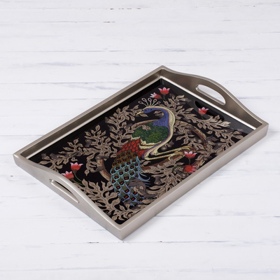 Reverse-painted glass tray, Peacock Charm in Silver (17 inch)