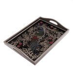 Reverse-painted glass tray, 'Peacock Charm in Silver' (17 inch) - Reverse-Painted Glass Peacock Tray in Silver (17 in.)