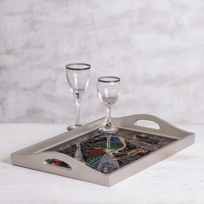 Reverse-painted glass tray, 'Peacock Charm in Silver' (17 inch) - Reverse-Painted Glass Peacock Tray in Silver (17 in.)