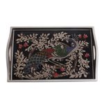 Reverse-painted glass tray, 'Peacock Charm in Silver' (17 inch) - Reverse-Painted Glass Peacock Tray in Silver (17 in.)