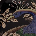 Reverse-painted glass tray, 'Peacock Charm in Silver' (17 inch) - Reverse-Painted Glass Peacock Tray in Silver (17 in.)