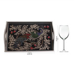 Reverse-painted glass tray, 'Peacock Charm in Silver' (17 inch) - Reverse-Painted Glass Peacock Tray in Silver (17 in.)