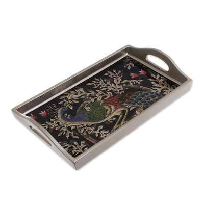 Reverse-Painted Glass Peacock Tray in Silver (12 in.)