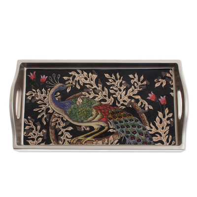 Reverse-painted glass tray, 'Peacock Charm in Silver' (12 inch) - Reverse-Painted Glass Peacock Tray in Silver (12 in.)