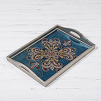 Floral Reverse-Painted Glass Tray in Blue from Peru,'Enchanting Flowers in Blue'