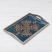 Reverse-painted glass tray, 'Enchanting Flowers in Blue' - Floral Reverse-Painted Glass Tray in Blue from Peru