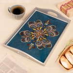 Reverse-painted glass tray, 'Enchanting Flowers in Blue' - Floral Reverse-Painted Glass Tray in Blue from Peru