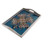 Reverse-painted glass tray, 'Enchanting Flowers in Blue' - Floral Reverse-Painted Glass Tray in Blue from Peru