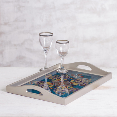 Reverse-painted glass tray, 'Enchanting Flowers in Blue' - Floral Reverse-Painted Glass Tray in Blue from Peru