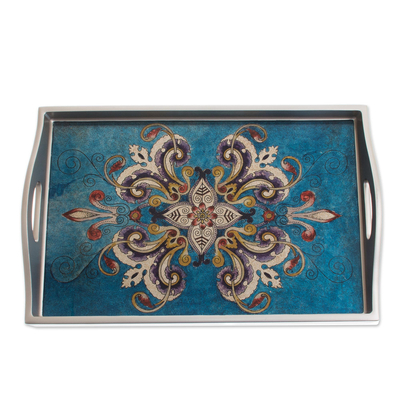 Reverse-painted glass tray, 'Enchanting Flowers in Blue' - Floral Reverse-Painted Glass Tray in Blue from Peru