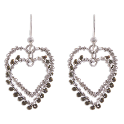Glass Beaded Silver Heart Dangle Earrings from Peru