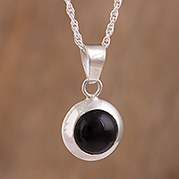 Obsidian pendant necklace, 'Beautiful Shield' - Round Natural Obsidian Pendant Necklace from Peru