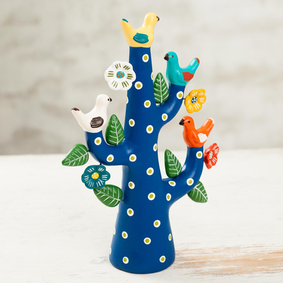 Escultura de cerámica - Escultura de árbol de paloma de cerámica pintada a mano en azul de Perú