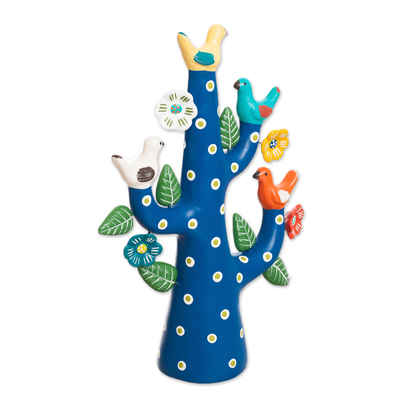 Keramikskulptur - Handbemalte Taubenbaumskulptur aus Keramik in Blau aus Peru