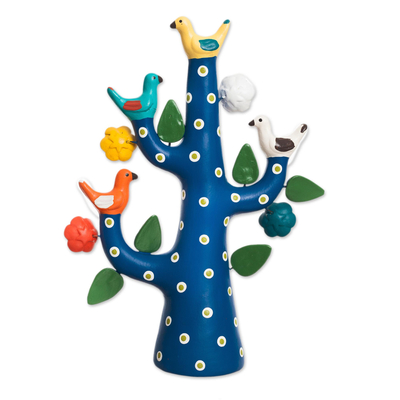 Escultura de cerámica - Escultura de árbol de paloma de cerámica pintada a mano en azul de Perú