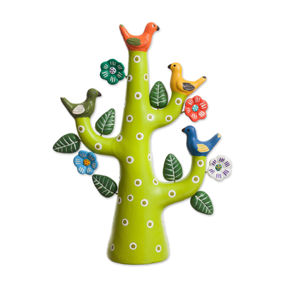 Escultura de cerámica - Escultura de árbol de paloma de cerámica pintada a mano en verde de Perú