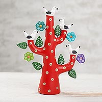Ceramic sculpture, 'Red Tree of Doves' - Hand-Painted Ceramic Dove Tree Sculpture in Red from Peru
