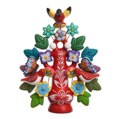 Hand-Painted Floral Ceramic Dove Tree Sculpture in Red